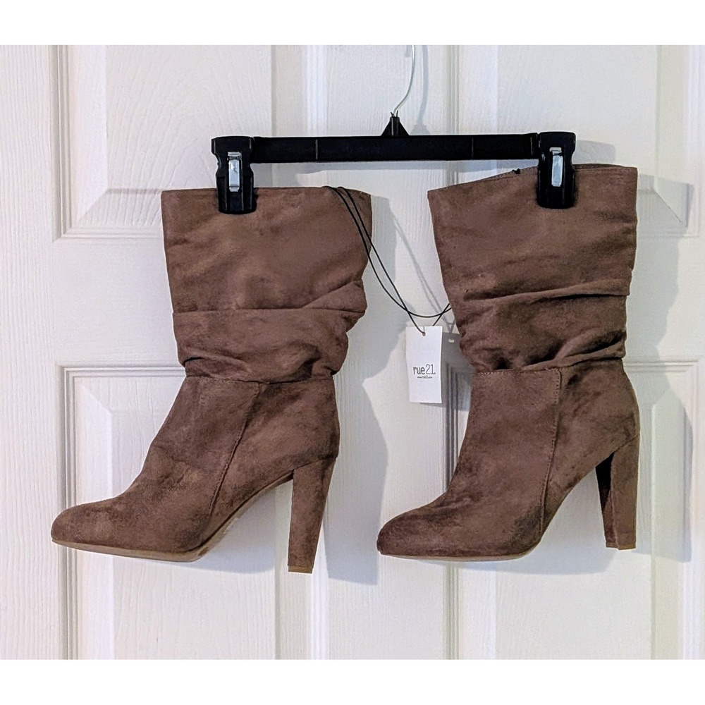 Rue21 Slouch Heeled Ankle Boots Brown Faux Suede Party Shoes Size 7.5 NWT